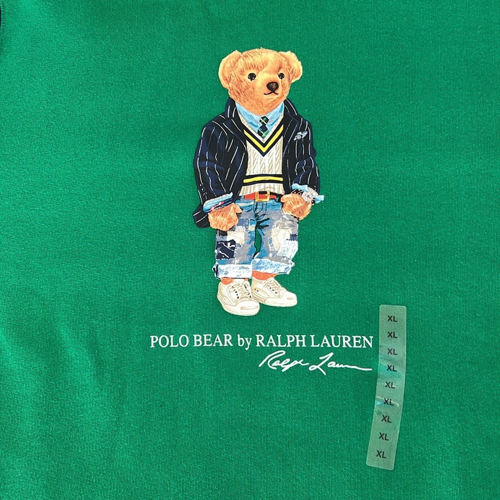 🎉Host Pick🎉Polo Ralph Lauren Green Polo Bear Hoodie w/ Navy Striped Sleeves XL - Picture 10 of 13
